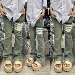 Quần jeans loe nữ phối sọc đùi, Quần bò ống loe cạp cao hai màu ĐEN XANH học sinh đi học đi chơi