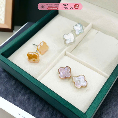 Bông Tai Ngọc Trai Dẹt Hình Cỏ Bốn Lá 9ly Chốt Bạc 925 - Ngọc Trai Trường Thịnh