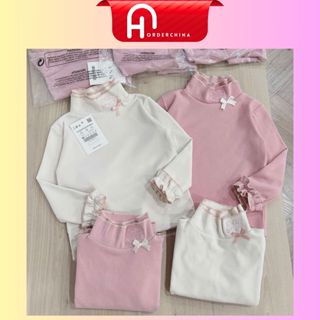  Set 2 áo giữ nhiệt zip lông họa tiết mèo đính nơ cổ tone màu hồng be cho bé gái - HNOrderChina 
