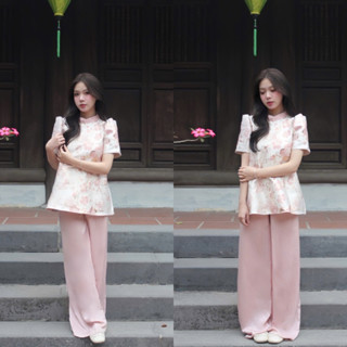 ( CAM KẾT LOẠI 1 ) Set Bộ Cách Tân Áo Gấm Hoa Tafta Cổ Tàu Tay Ngắn Bồng Kèm Quần Lụa Diện Tết