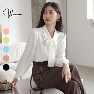 Áo Sơ Mi Nữ Buộc Nơ Cổ Đức WEXUU Vải Lụa Mềm Mát Form Suông Tay Bồng Nhẹ Tiểu Thư Thanh Lịch - SP51