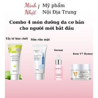 Combo 4 món dưỡng da cơ bản cho người mới bắt đầu, Tẩy tế bào chết, Sữa rửa mặt ít bọt, serum cấp ẩm, kem dưỡng sáng da