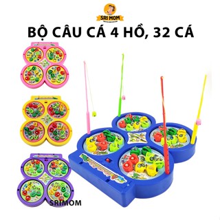 Đồ chơi câu cá nam châm giải trí cho bé gồm 4 bể 32 con cá , 4 cần câu có âm thanh sống động - SRIMOM
