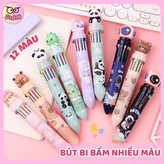 Bút Bi Bấm 10 12 màu- Bút Đánh Dấu Màu Họa Tiết Hoạt Hình Bằng Silicon, Ngòi Bút 0.5mm