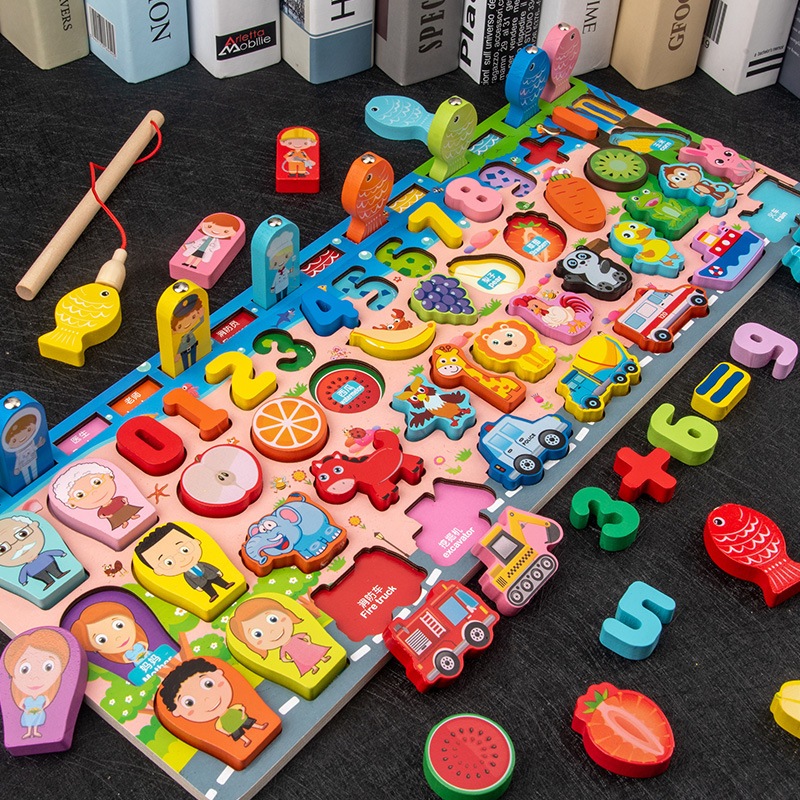 Bộ Bảng Gỗ Câu Cá Thông Minh 5 trong 1 Và Ghép Hình Học, Chữ Số, Chữ Cái, Phương Tiện Phát Triển Trí Tuệ - SRIMOM