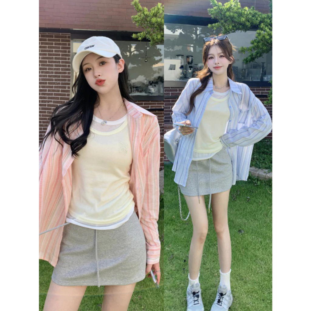  Áo sơ mi kẻ sọc nữ màu pastel xanh hồng áo sơ mi dài tay nữ 1 túi chất kẻ QC thời trang nữ năng động trẻ t 