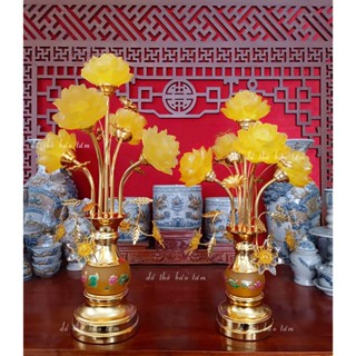 Đèn Thờ Hoa Sen 5 bông Ngọc Lưu Ly Chân Đế Hợp Kim Hàng Nhập Khẩu