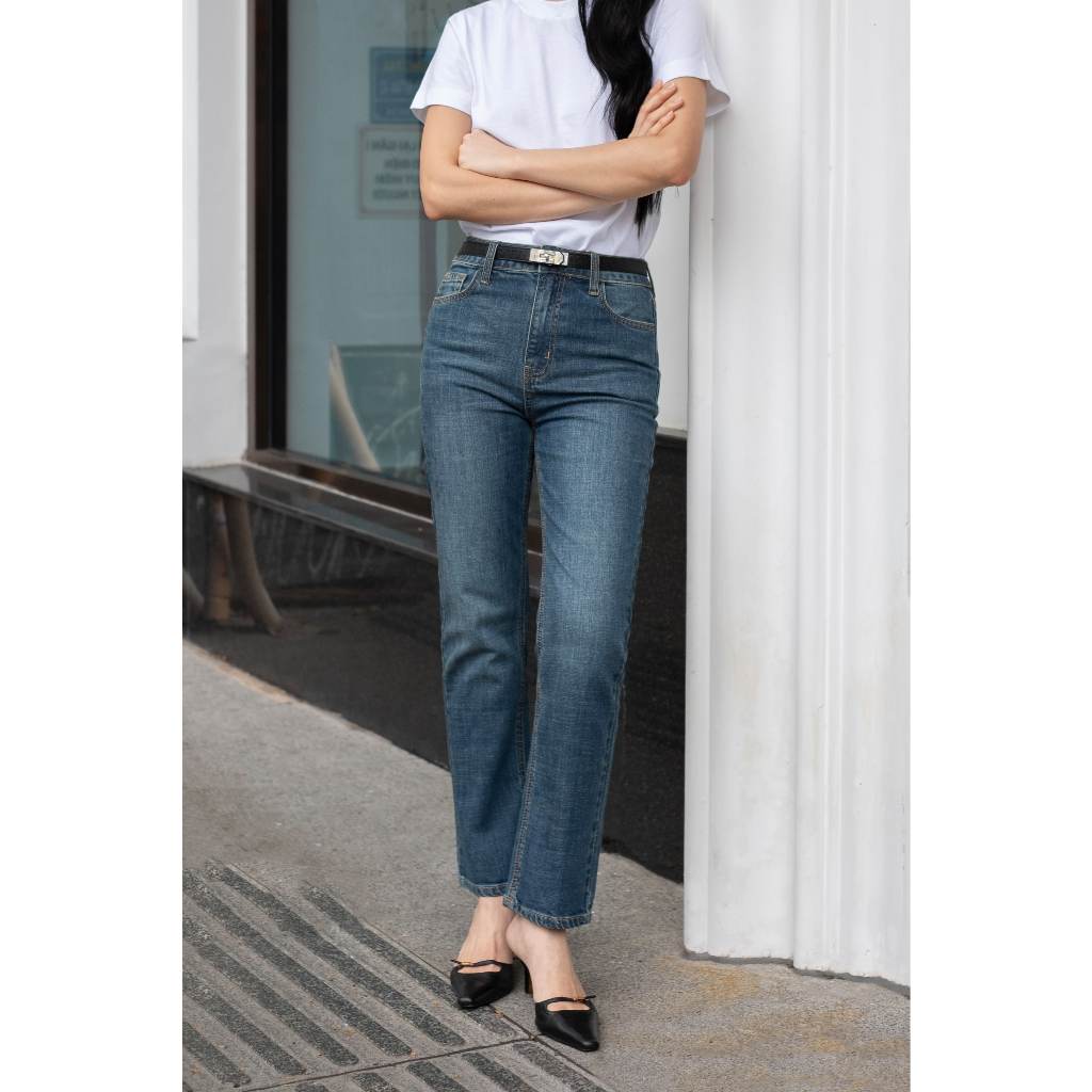 HASHTAGEM - Quần Jean Nữ HSJ.12 Straight Jeans Antique Blue Ống Đứng Co Giãn, Màu Xanh Ánh Rêu