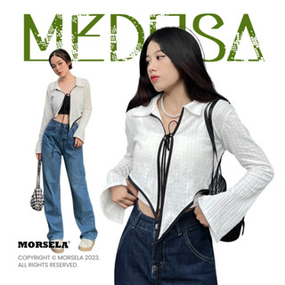 Áo croptop nữ tay dài MEDUSA chất len thắt nơ xẻ tay vạt so le dành cho nữ phong cách Hàn Quốc - MORSELA chính hãng