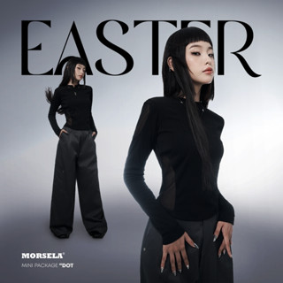 MORSELA chính hãng - Áo croptop nữ kiểu tay dài cổ cao 3/4 form ôm cut-out phối lưới EASTER phong cách sexy cá tính