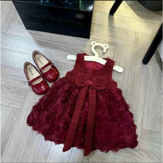  Váy Dạ Nơ NemmKids Màu Đỏ Mận Hoa Hồng 3D Sang Chảnh Cho Bé Gái Từ 6-20kg 