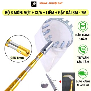 Bộ Sào Đồ Gậy Liềm - Cưa - Vợt Hái Quả Inox 304 Rút Gọn Tiện Lợi Đa Năng Điều Chỉnh Dài 3m - 7m (Gậy + Cưa + Liềm + Vợt)