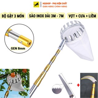 Bộ Sào Đồ Gậy Liềm - Cưa - Vợt Hái Quả Inox 304 Rút Gọn Tiện Lợi Đa Năng Tùy Chỉnh Dài 3m - 7m (Gậy + Cưa + Liềm + Vợt)