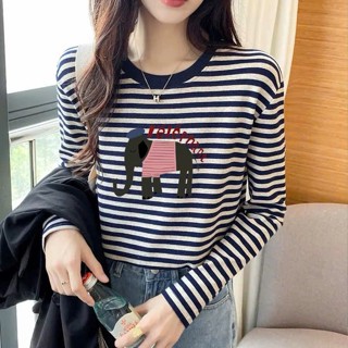 Áo thun nữ tay dài sọc ngang JULY fashion2023, Áo thun dài tay kẻ sọc ngang in hình, chất cotton 4 chiều dày dặn