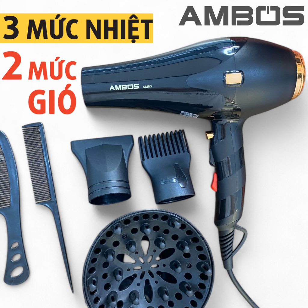 Máy sấy tóc Ambos bản cao cấp AM83 sấy nóng lạnh với 3 mức nhiệt 2 mức gió ion âm giảm khô xơ tóc và có bảo vệ quá nhiệt