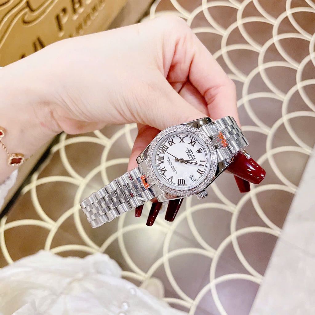 Đồng Hồ Nữ RoLLex Trắng Viền Đá Cao Cấp Sang Chảnh Case 34mm Máy Pin Nhật