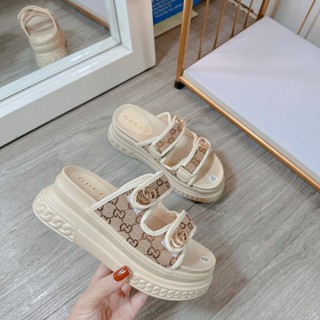Dép lê nữ 2 quai ngang vải dạ G đế cao 7cm HOT 2024