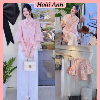 Set Bộ Áo Gấm Voan Hồng Cổ Tàu In Hoa Nổi Cài Nơ Mix Quần Lụa Trắng Mặc Đi Chùa Diện Tết Freesize
