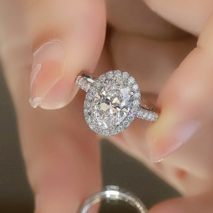 KL2349-9LYTRANG [Order] Nhẫn Bạc Nữ Halo Ovale Đai Tấm Đá Chủ Oval 9.0ly Viền Halo by Kylan Silver