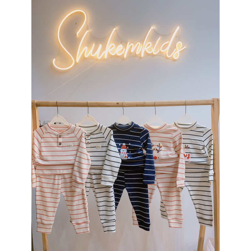 Jinro Bộ cotton dầy jinro kẻ thu đông cho bé trai gái