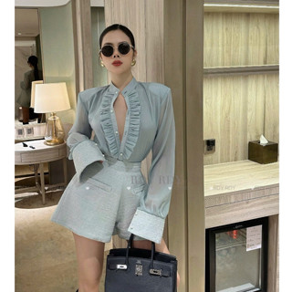 Set đồ nữ sang chảnh tiểu thư áo sơ mi dài tay voan phối dạ phối quần short đùi ngắn thiết kế dự tiệc dạo phố LEVAN Rose