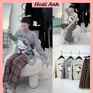 Set Bộ Đồ Nữ Áo Len Thỏ Hello Kitty May Can Phối Vải Kẻ Caro Mix Quần Dài Suông Rộng Viền Bèo Ren Gấu Freesize