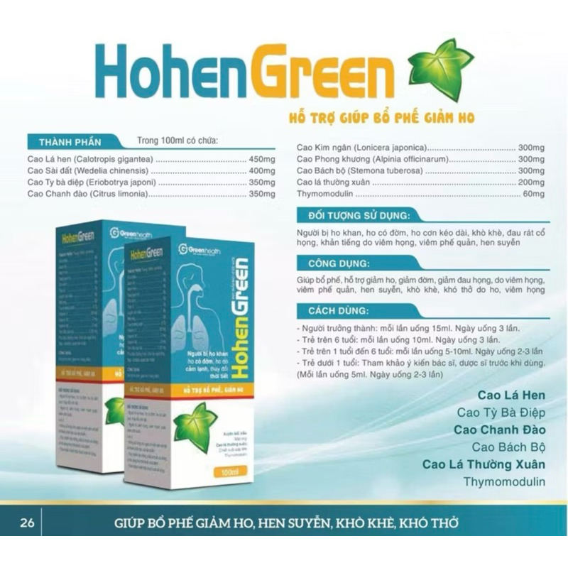 HoHen Green – Hỗ trợ giảm ho, bổ phế. Chai 100ml