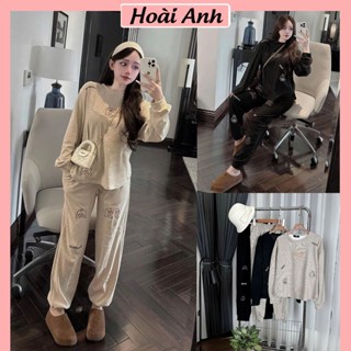 Set Bộ Đồ Nữ Len Tăm Lông Thỏ Thêu Gấu Nổi BEAR Áo Dài Tay Thêu Nổi Mix Quần Dài Boom Gấu Freesize