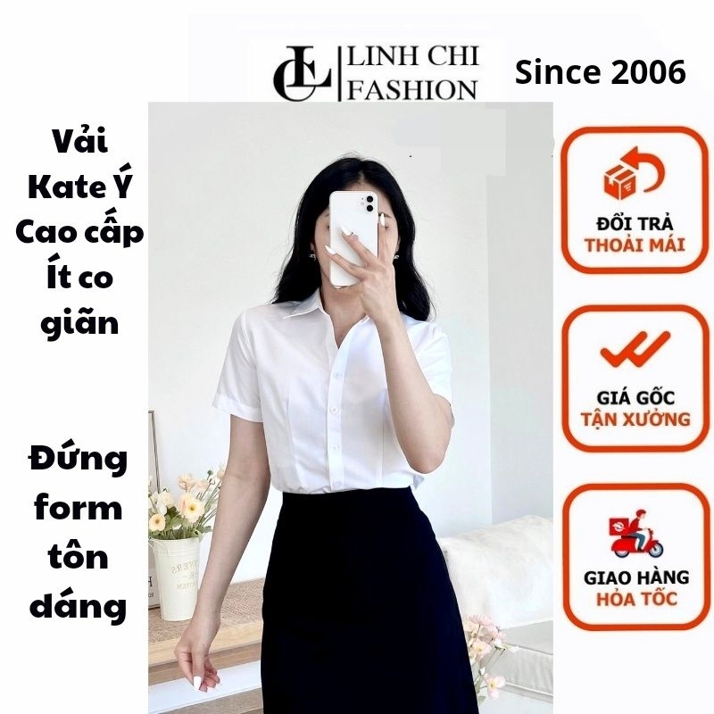 Áo Sơ Mi Nữ Màu Trắng Linh Chi Ngắn Tay Cao Cấp Form Nhỏ Vải Kate Ý Đẹp Ít Nhăn Giãn Nhẹ Được Đổi Trả Thoải Mái Smttn01