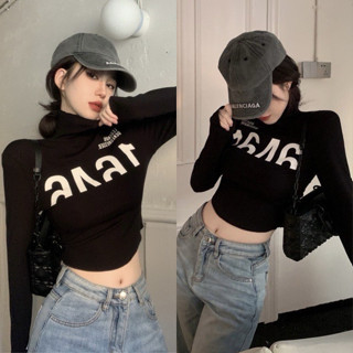  Áo croptop cổ lọ cao in chữ siêu ngầu lòi đen chất thun gân VANISA CT124 