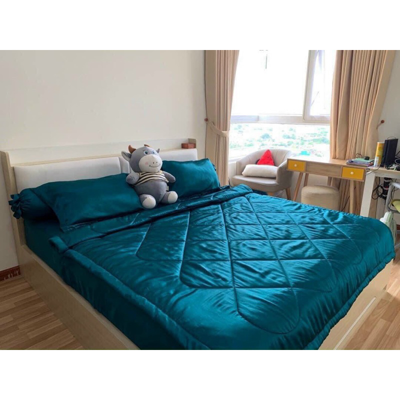 Bộ drap phi lụa khổ lớn 5 món, khổ vải 1m8 (1 ga giường, 3 vỏ gối, 1 mền trần bông)