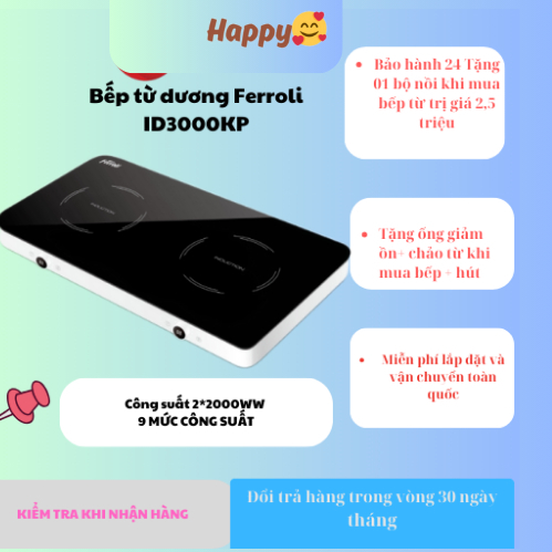 Bếp điện từ đôi Ferroli ID3000KP - Kính cường lực, 2 vùng nấu, công suất 3000W, màu đen