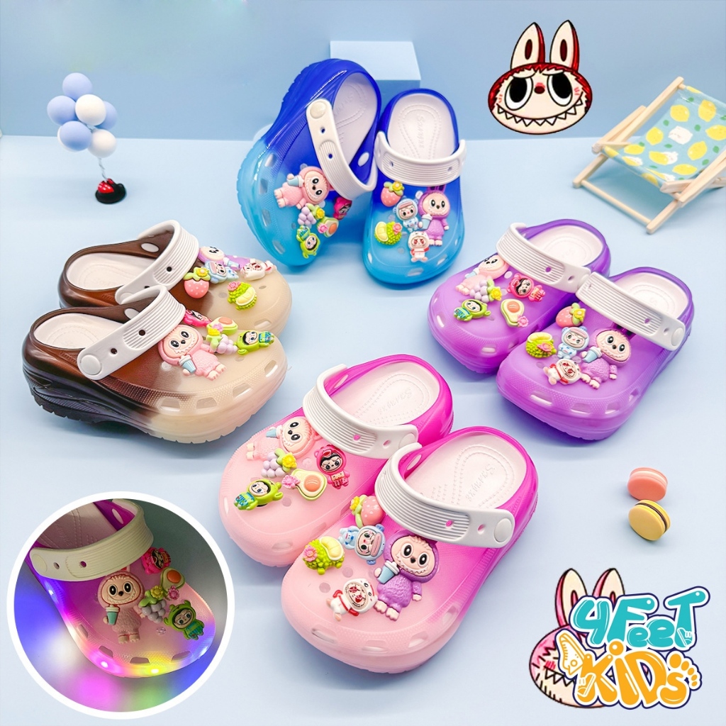  Dép sục quai hậu Labubu có đèn cho bé gái từ 2-10 Tuổi đế cao 4cm với 3 màu đính kèm sticker Siêu Dễ Thương Kumo606 