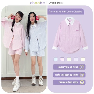 Áo sơ mi nữ Junie Choobe oversize kẻ sọc vải kate Hàn cotton hoạ tiết hình thêu trẻ trung ASM08