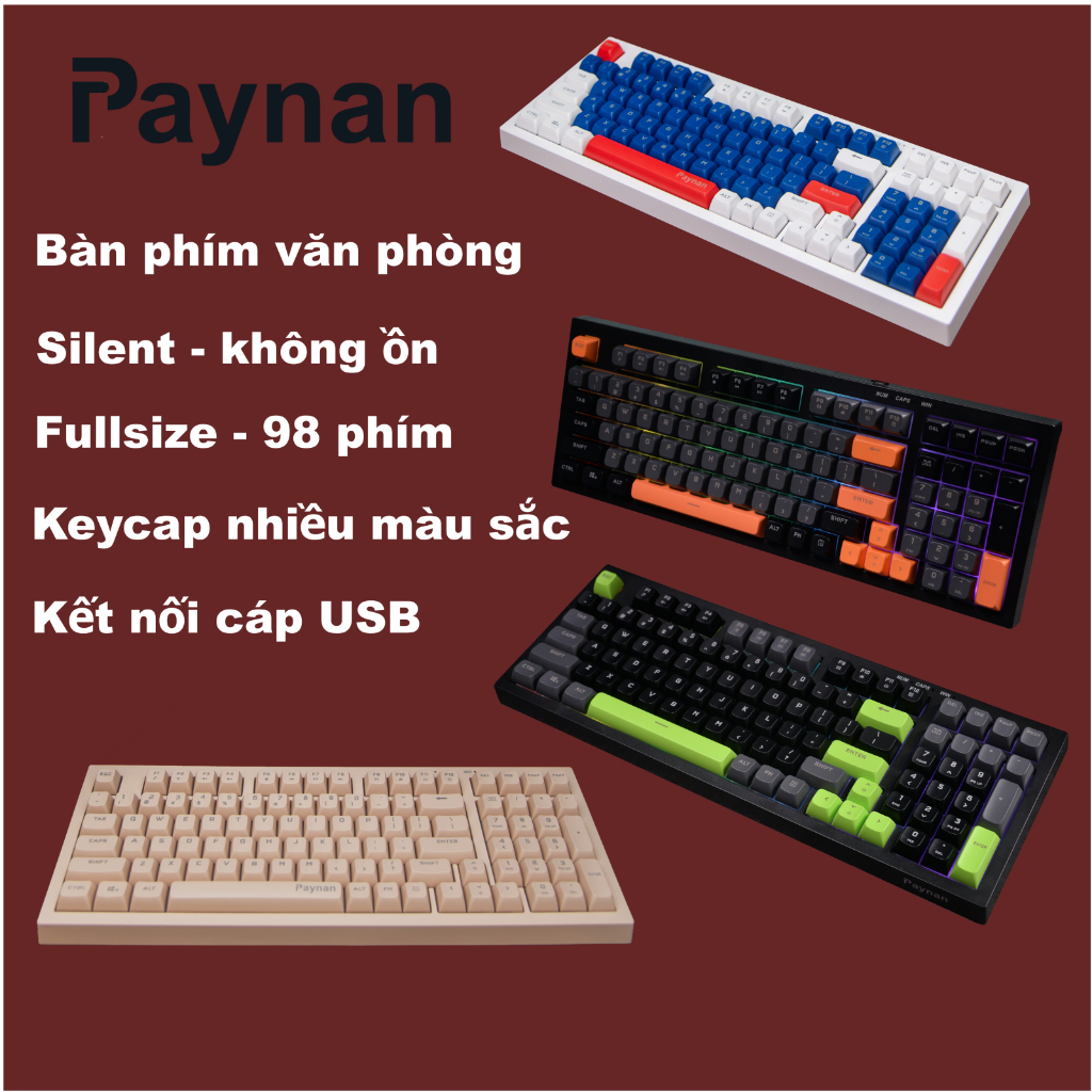 Bàn phím văn phòng Paynan chống ồn kết nối cáp 98 phím led Rainbow keycap nhiều màu sắc năng động | BigBuy360 - bigbuy360.vn