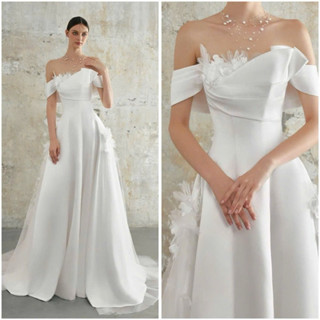 Đầm cưới váy trắng cô dâu đi bàn trễ vai tiểu thư đính hoa tà lưới Annie