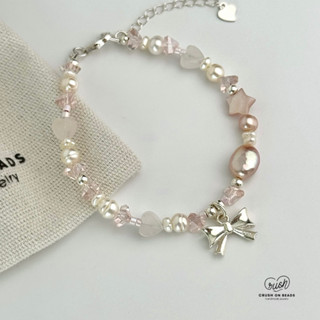 [S925] Vòng Tay Handmade Baby Pink NT Phối Charm Nơ Bạc 925 | CrushonBeads