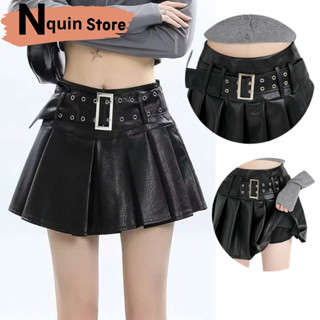 Chân váy nữ xếp li dáng xòe lưng cao kèm đai nịt bụng, Chân váy da dáng chữ A váy ngắn phong cách sexy cá tính Nquin