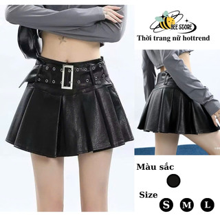  Chân váy da dáng ngắn xòe xếp ly kèm đai nịt bụng Chân váy nữ dáng xòe có lót quần phong cách cá tính Bee Store 