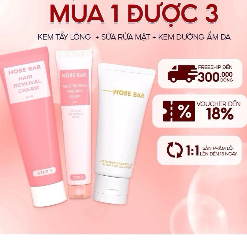 Combo Sữa Rửa Mặt Amino Acid Làm Sạch Sâu 50g & Kem Tẩy Lông 50g HOBEBAR Dưỡng Da Mịn Màng, Dịu Nhẹ 