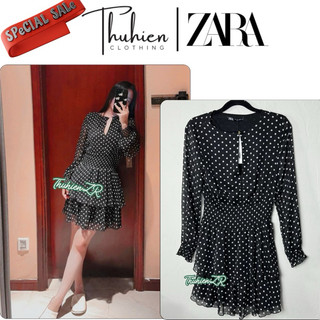 THUHIENZR(sẵn XS)Váy mini ZARA 9878/179/084 chấm bi trắng vải đen bo chun tay(kèm ảnh thật)