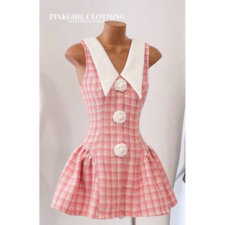 𝑷𝒊𝒏𝒌𝑮𝒊𝒓𝒍 𝑪𝒍𝒐𝒕𝒉𝒊𝒏𝒈_Đầm dạ kẻ caro tùng xoè cổ đính hoa trà( hình chính chủ)