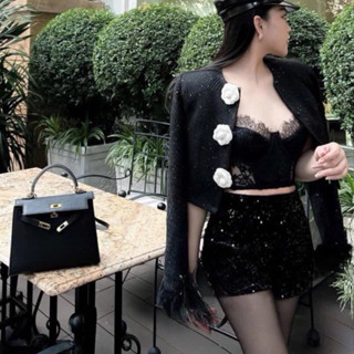 áo khoác dạ tay lông phối hoa trà áo khoác dạ nữ,áo dạ tweed dáng ngắn đính kim sa hoa nổi kem tay lông