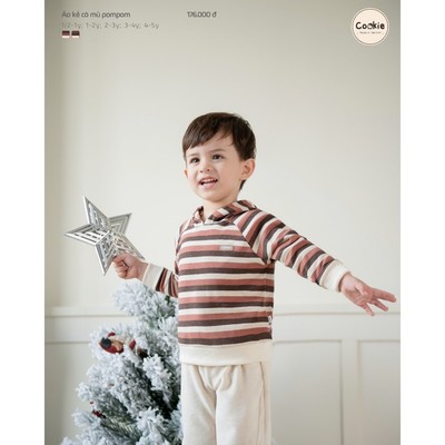 Áo Nỉ Cho Bé COOKIE , Áo Kẻ Có Mũ PomPom Cho Bé Từ Size 6 Tháng Đến 5 Tuổi