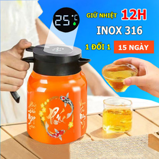  Bình pha trà giữ nhiệt ấm ủ trà có lõi lọc inox 316 nắp hiển thị nhiệt độ cảm ứng thông minh in hoa văn dung tích 1000 
