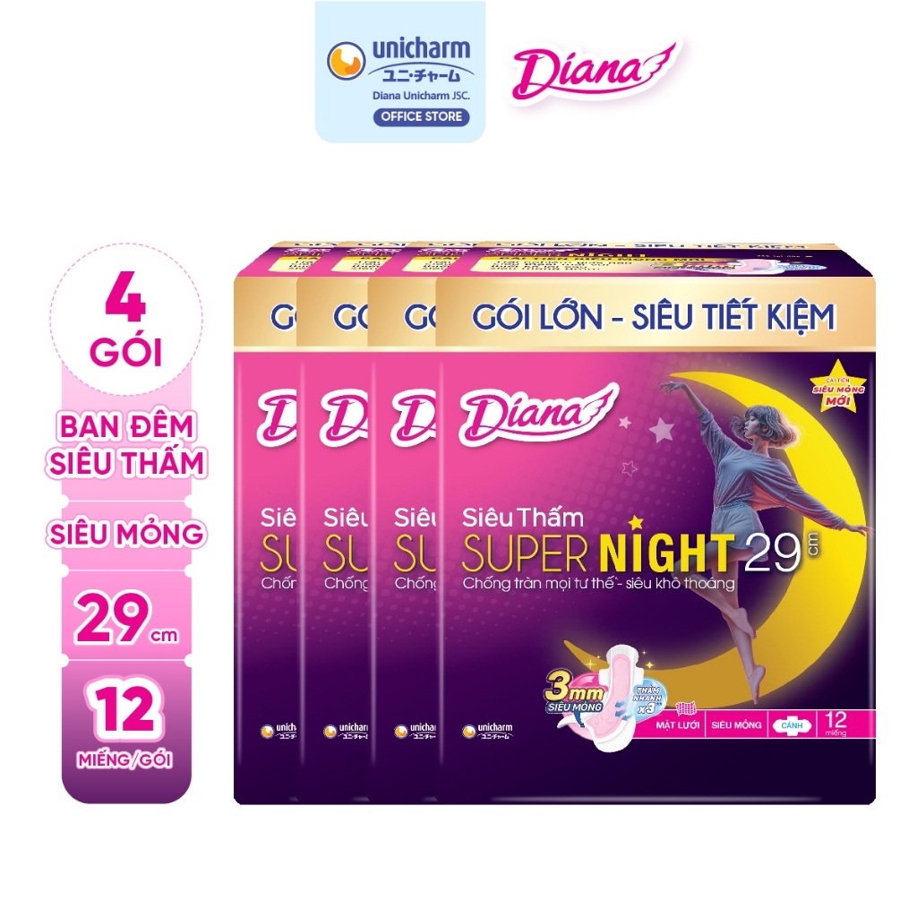 Bộ 4 gói băng vệ sinh ban đêm Diana siêu thấm Supernight 29cm 12 miếng/gói