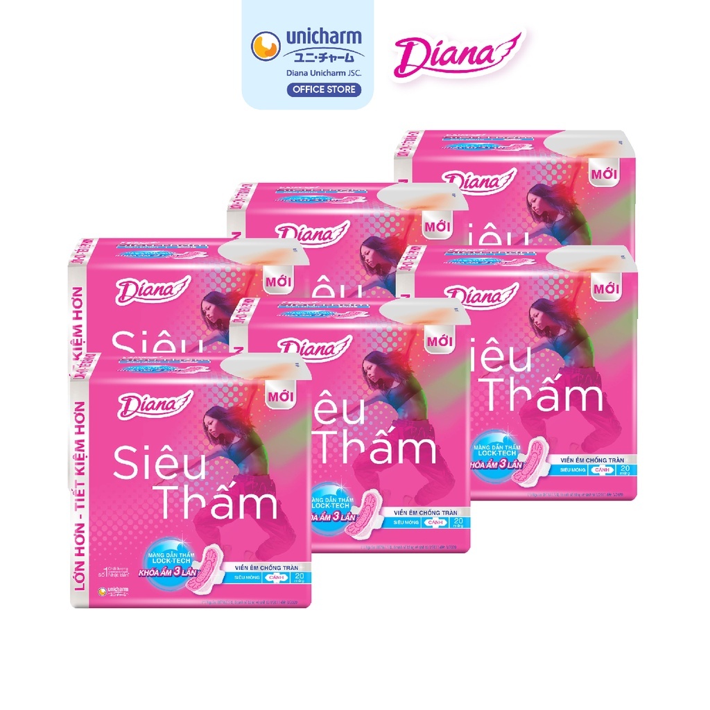 Bộ 6 gói băng vệ sinh Diana siêu thấm siêu mỏng cánh 20 miếng/gói