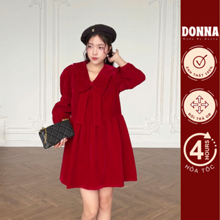 DONNA - Đầm nhung Velvetine Dress dáng babydoll cổ nơ tay phồng tiểu thư