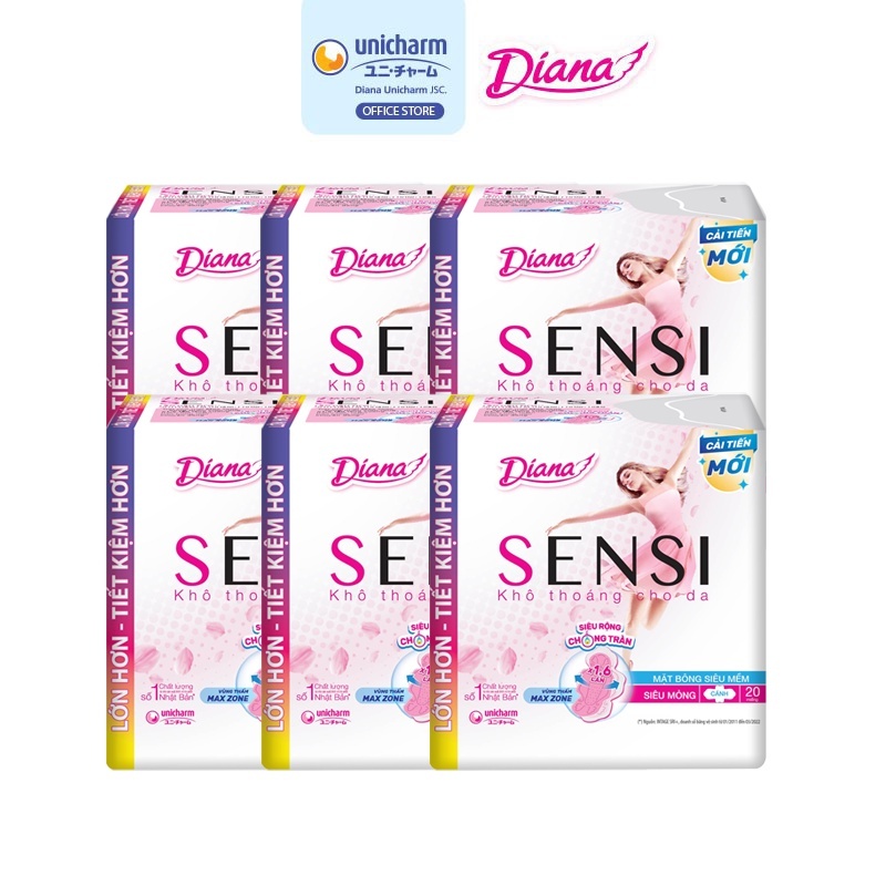 (Sản phẩm cải tiến) Bộ 6 gói băng vệ sinh Diana Sensi siêu mỏng cánh 20 miếng/gói