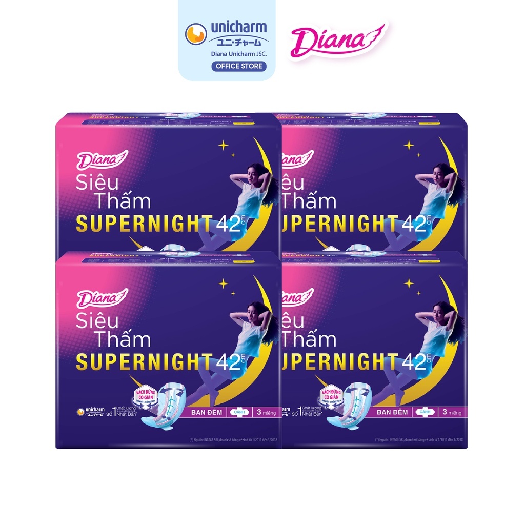 Bộ 4 gói băng vệ sinh ban đêm Diana siêu thấm Supernight 42cm 3 miếng/gói
